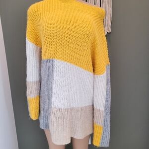 Colorblock Knit Sweater - Yellow, White, Gray